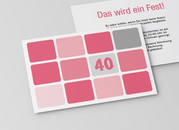 Einladungskarte zum 40. Geburtstag runde Quadrate in Rosa