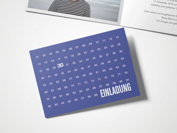 Einladungskarten 30. Geburtstag Zahlenreihe blau