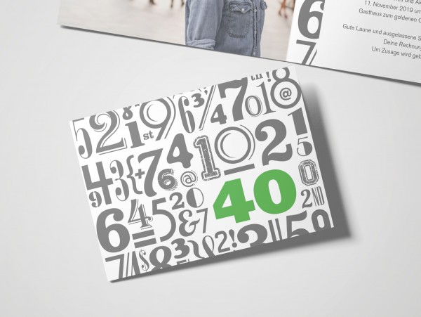 Einladungskarte zum 40. Geburtstag Zahlenwolke in Grün