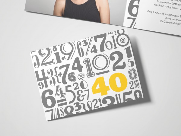Einladungskarte zum 40. Geburtstag Zahlenwolke in Gelb
