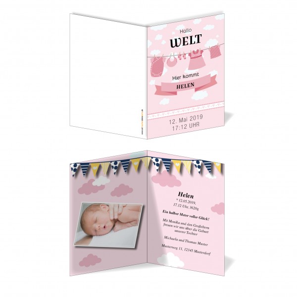 Geburtskarten Babykarten individuell - Mädchen Wäscheleine