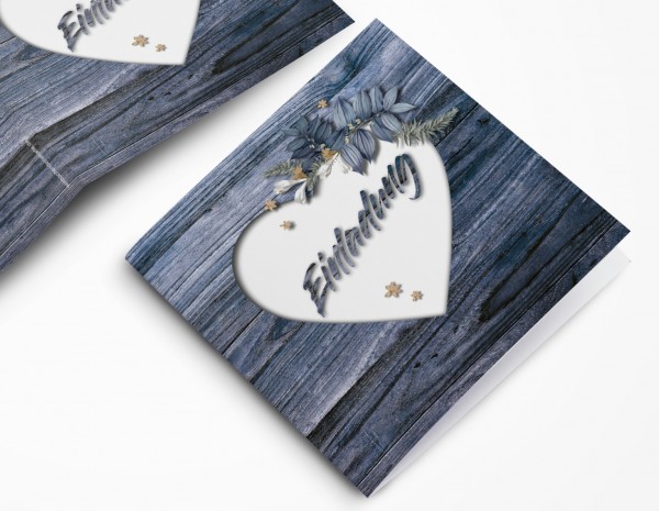 Rustikale blaue Hochzeitskarte - Einladungskarte in blauer Holz-Optik