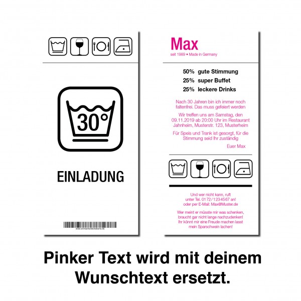 Geburtstag Einladungskarten 30. Geburtstag Pflegehinweis 30