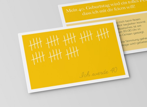 Einladungskarte zum 40. Geburtstag Strichliste in Gelb