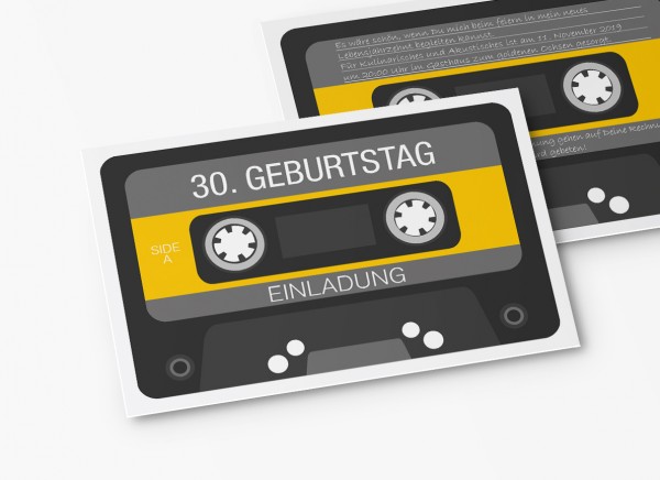 Einladungskarten 30. Geburtstag Retro Kassette gelb