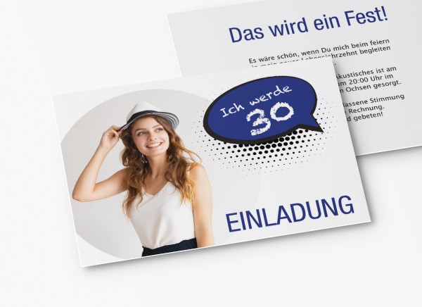Einladungskarten 30. Geburtstag Sprechblase blau