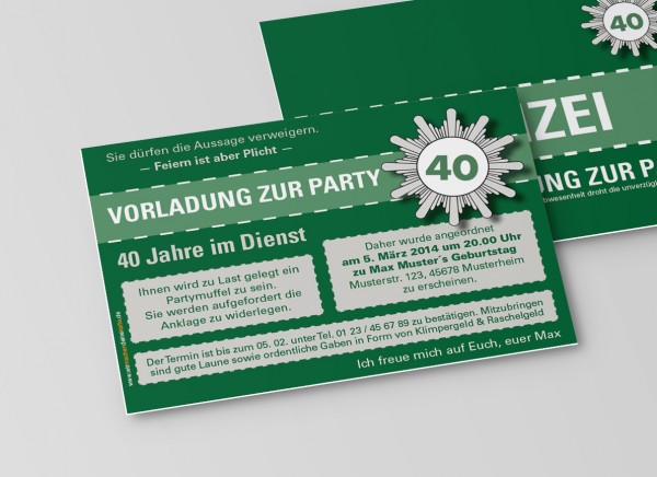 Einladungskarte lustig Geburtstag Vorladung Polizei DIN A6 quer 2-seitig grün