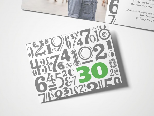 Einladungskarten 30. Geburtstag Zahlenwolke grün