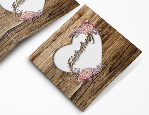 Rustikale Hochzeitskarte – Einladungskarte in Holz-Optik