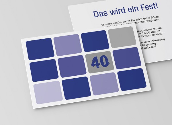 Einladungskarte zum 40. Geburtstag runde Quadrate in Blau