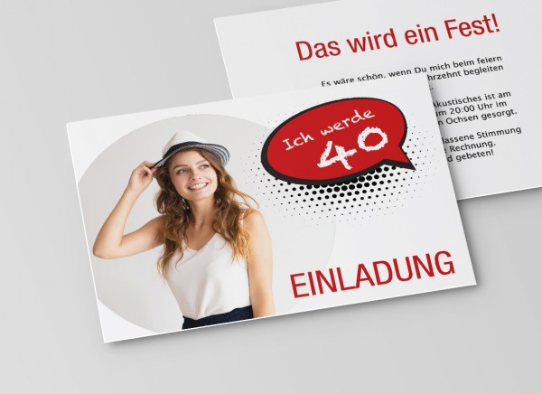 Einladungskarte zum 40. Geburtstag als Sprechblase in Rot