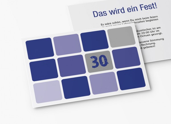 Einladungskarten 30. Geburtstag Runde Quadrate blau