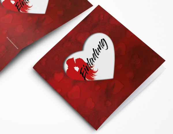 Stilvolle Herz Hochzeitskarte - Einladungskarte quadratisch in rot mit Herzen