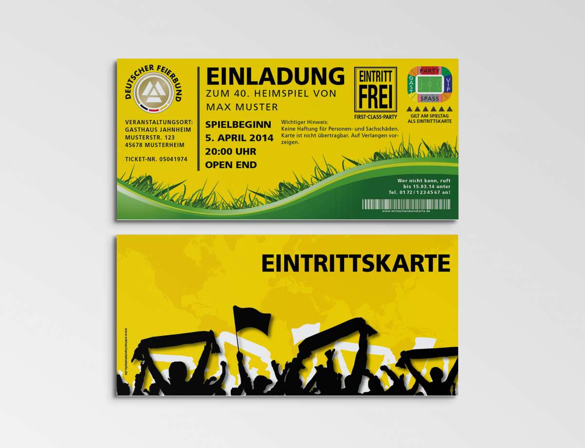 Einladung Einladungskarte lustig Geburtstag Fußball-Stadionticket gelb