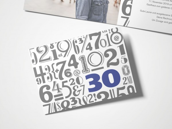 Einladungskarten 30. Geburtstag Zahlenwolke blau