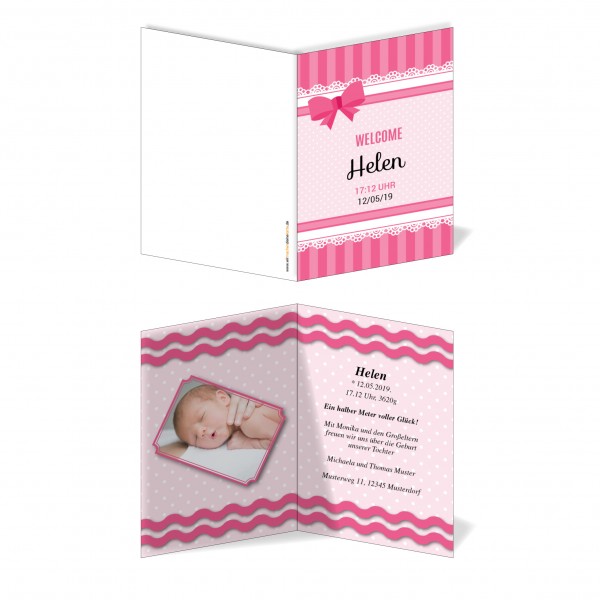 Geburtskarten Babykarten individuell - Mädchen rosa Schleife