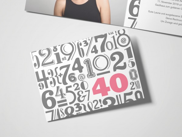 Einladungskarte zum 40. Geburtstag Zahlenwolke in Rosa
