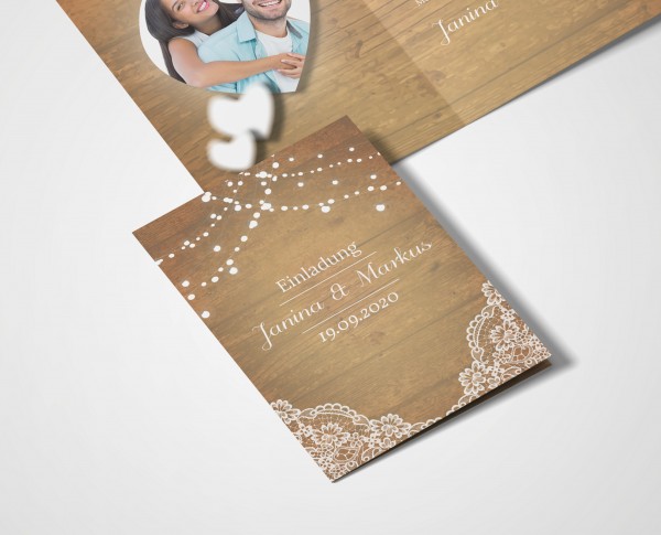 Einladungskarten Hochzeit Hochzeitskarten mit Druck - Vintage Holz & Spitze