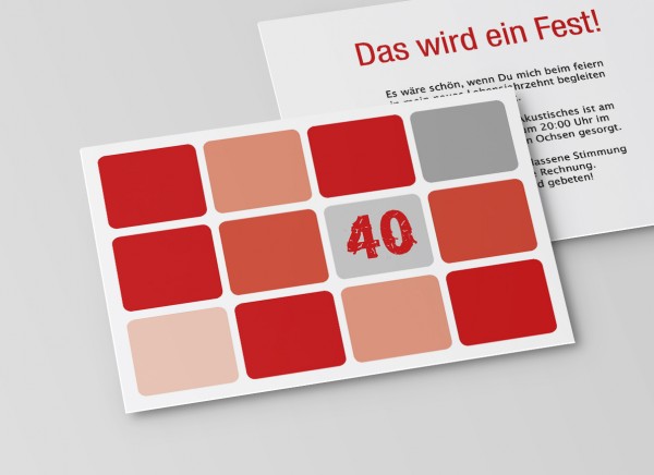 Einladungskarte zum 40. Geburtstag runde Quadrate in Rot