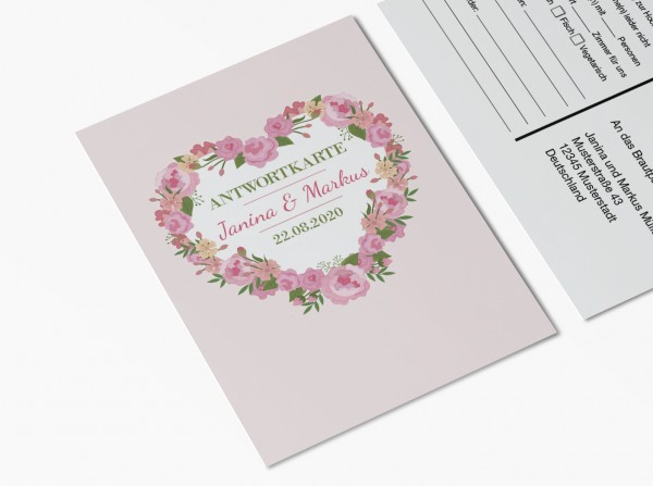 Antwortkarten für Einladung Hochzeit - Blumen Herz