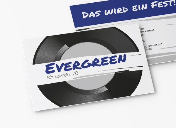 Einladungskarte Schallplatte Evergreen in blau